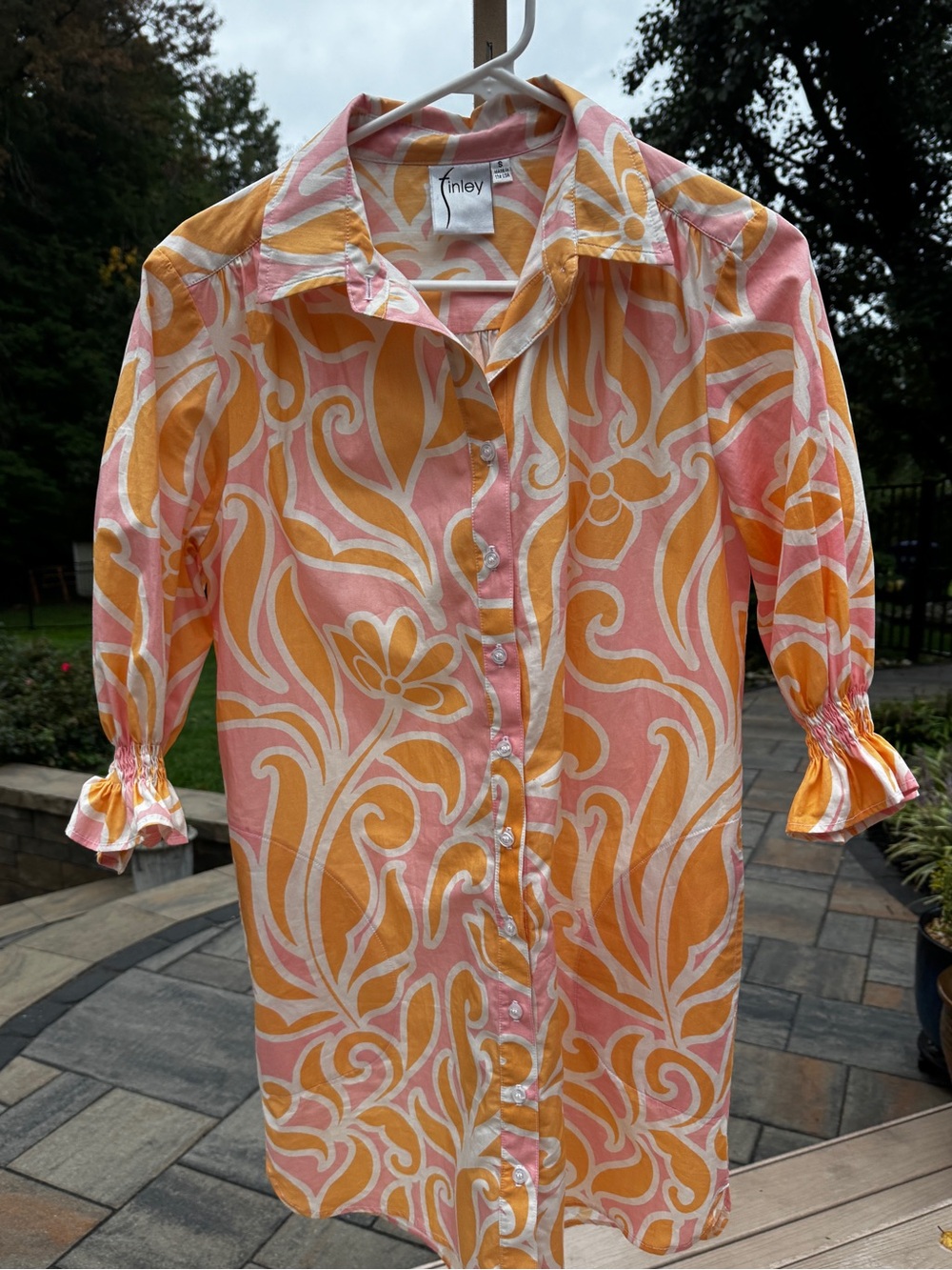 Finley Dress Tish Abstract print Blouson sleeve Orange Pink Sunshine Scroll Sz s